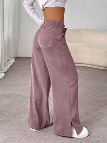 Unity Pantalones largos rectos y sueltos con abertura lateral de pana de moda casual para mujer, para otoño/invierno - Rosa Pálido - Ver 2
