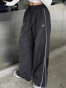 DAZY Contrast Piping Drawstring Waist Wide Leg Pants - Grey - View 3