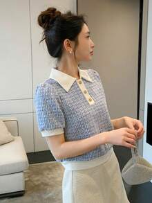 DAZY Contrast Collar Puff Sleeve Polo Tee - Blue - View 4