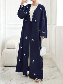 Al Najma Women's Contrast Trim Embroidered Tie Front Robe, Suitable For Daily Wear, Gatherings And Formal Events - Navy Blue - View 4