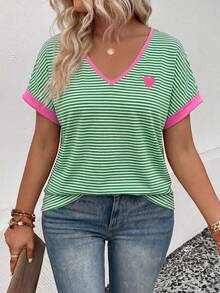 Women's Casual Heart & Stripe Print Plus Size T-Shirt, Versatile For Spring/Summer - Multicolor - View 6