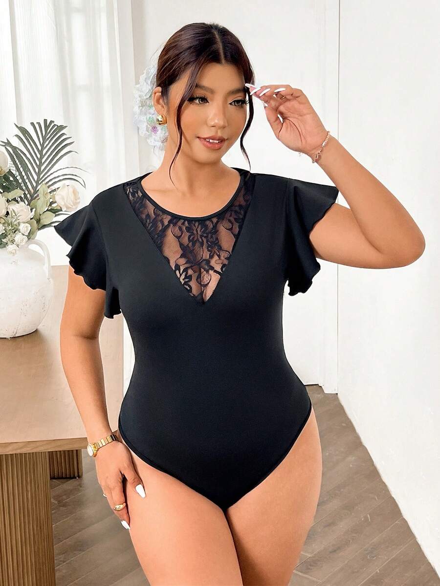 Lounesse Plus Size Women's Black Lace Patchwork Ruffled Bodysuit,2026 Spring/Summer Autumn Elegant Formal Evening Night Out Club Lingerie One Piece Swimsuit - Black - View 1