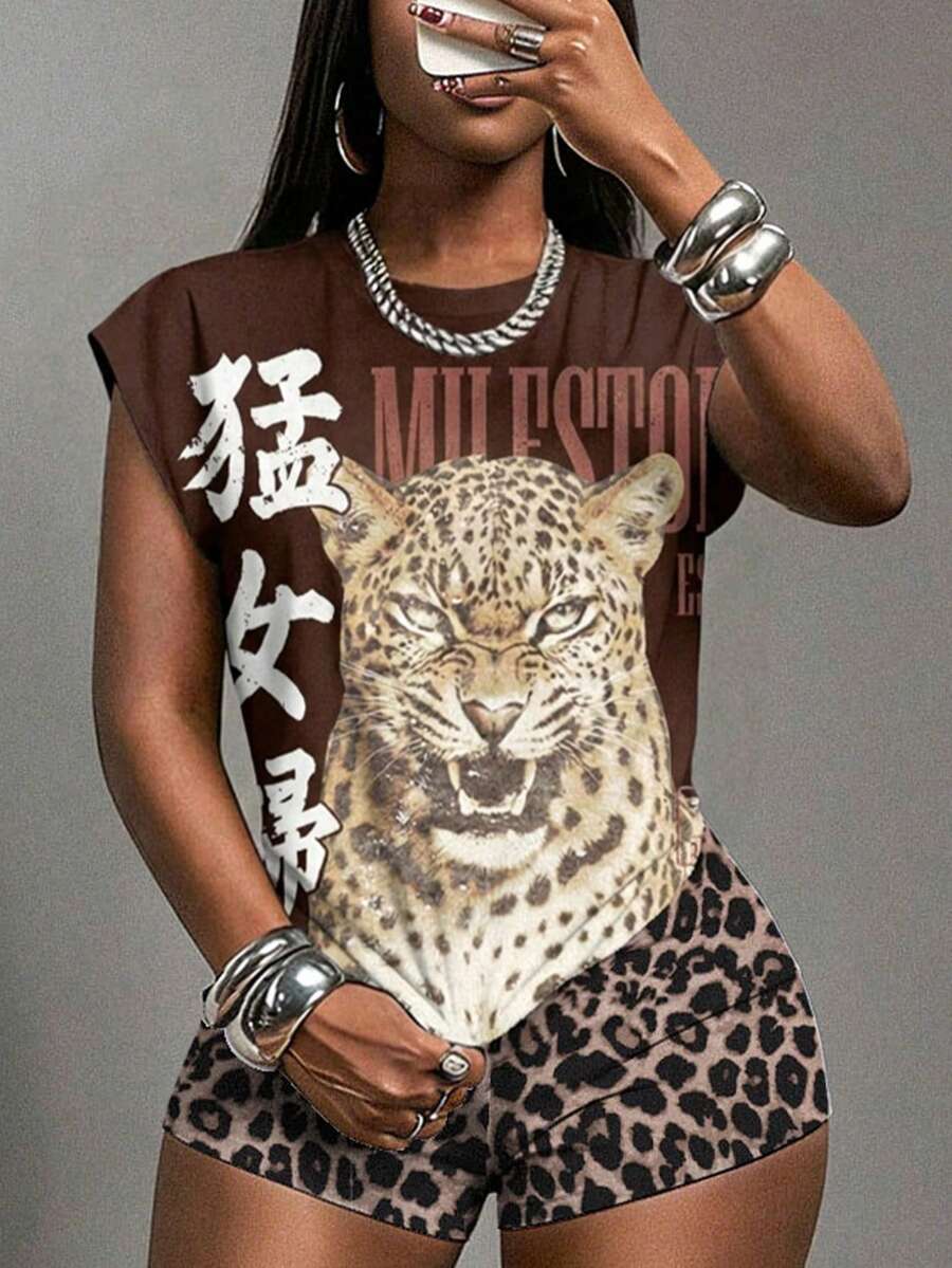 Slaydiva 春夏新款修身街头休闲性感圆领无袖T恤+迷你性感短裤女式两件套/休闲简约基础款/Y2K/街头风/街头甜美/网红热销/日常约会/辣妹风/性感/夜店/返校/外出/嘻哈/网络爆款同款/颓废风/唇十字图案/中文“女汉子”+豹纹印花 - 彩色 - 查看 1