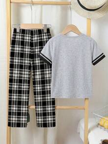 2pcs/Set Boys' Casual Chic Grey Graphic Tee & Relaxed Fit Pants Set, Spring/Summer - Grey - View 2