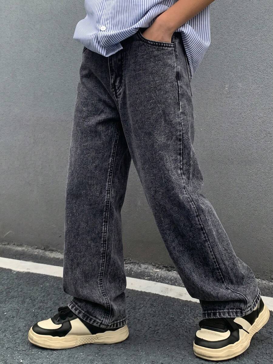 SHEIN Quần jeans ống đứng dáng casual cho bé trai tuổi teen, đã qua xử lý giặt. - màu đen - Xem 1