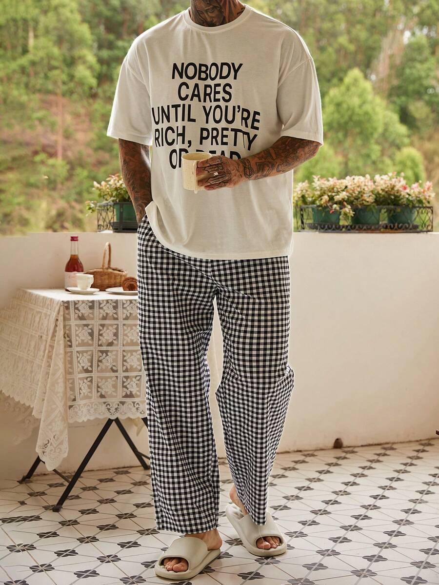 DAZY Men's Summer Letter Print T-Shirt And Plaid Pants Pajama Set - Multicolor - View 1