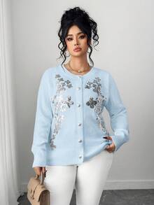 Elenzga 大码女式优雅刺绣纽扣开衫 - 淺藍色 - 查看 4