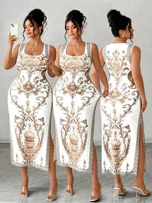 Elenzga Vestido longo plus size feminino elegante com estampa floral tropical, sem mangas, com fenda alta e modelagem justa. Ideal para primavera/verão, volta às aulas, férias, formatura, feriados, Dia dos Namorados, Natal, festivais de música, Dia das Mães, Halloween, Dia de Ação de Graças, Páscoa, Dia Nacional, bailes, aniversários, encontros, festas, casamentos e atividades ao ar livre. - Caqui - Ver 1