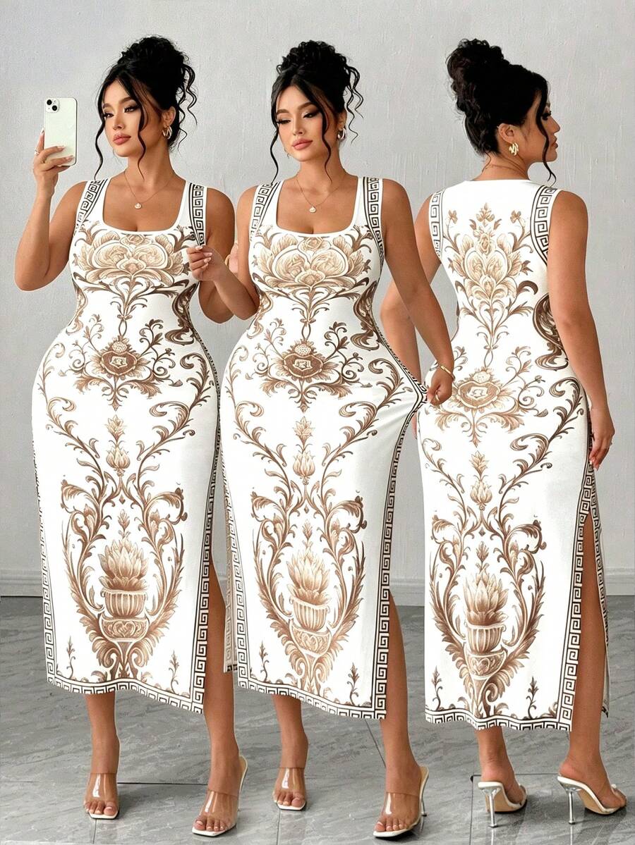 Elenzga Vestido longo plus size feminino elegante com estampa floral tropical, sem mangas, com fenda alta e modelagem justa. Ideal para primavera/verão, volta às aulas, férias, formatura, feriados, Dia dos Namorados, Natal, festivais de música, Dia das Mães, Halloween, Dia de Ação de Graças, Páscoa, Dia Nacional, bailes, aniversários, encontros, festas, casamentos e atividades ao ar livre. - Caqui - Ver 1