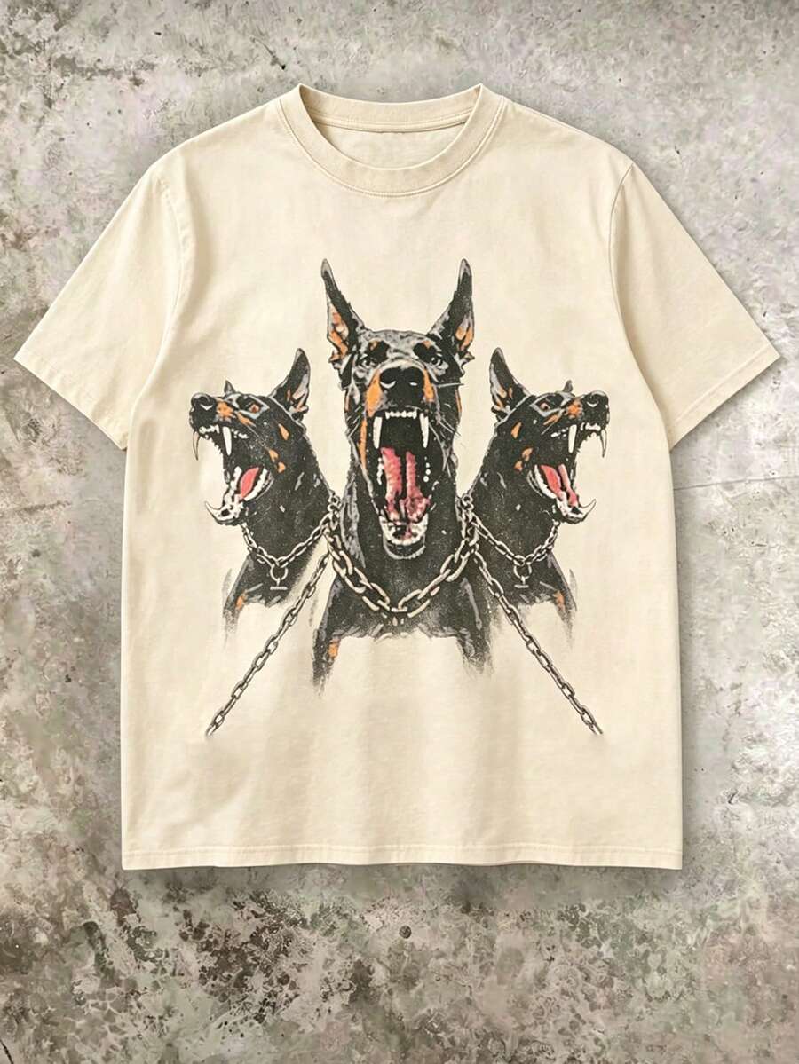 INAWLY Men's Iron Chain & Dog Print Round Neck Short Sleeve T-Shirt, Casual Daily Wear - Khaki - View 1