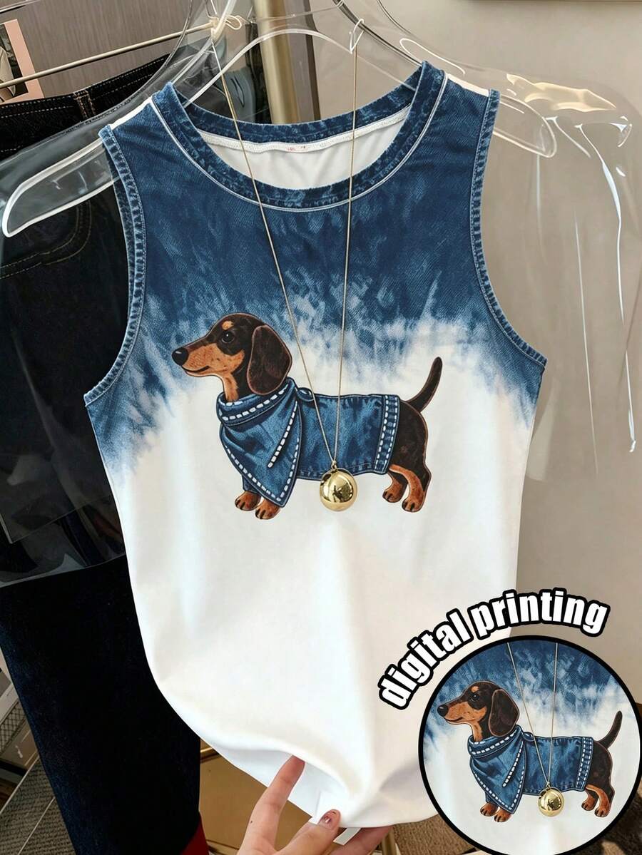Resyla 女士时尚腊肠犬印花休闲圆领背心 - 彩色 - 查看 1