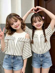 Elladie kids Children's Summer Striped Off-Shoulder Set,White Sweet Short Cardigan&Sleeveless Top For School,Back-To-School Fashionable Layered Outing Set - Apricot - View 2