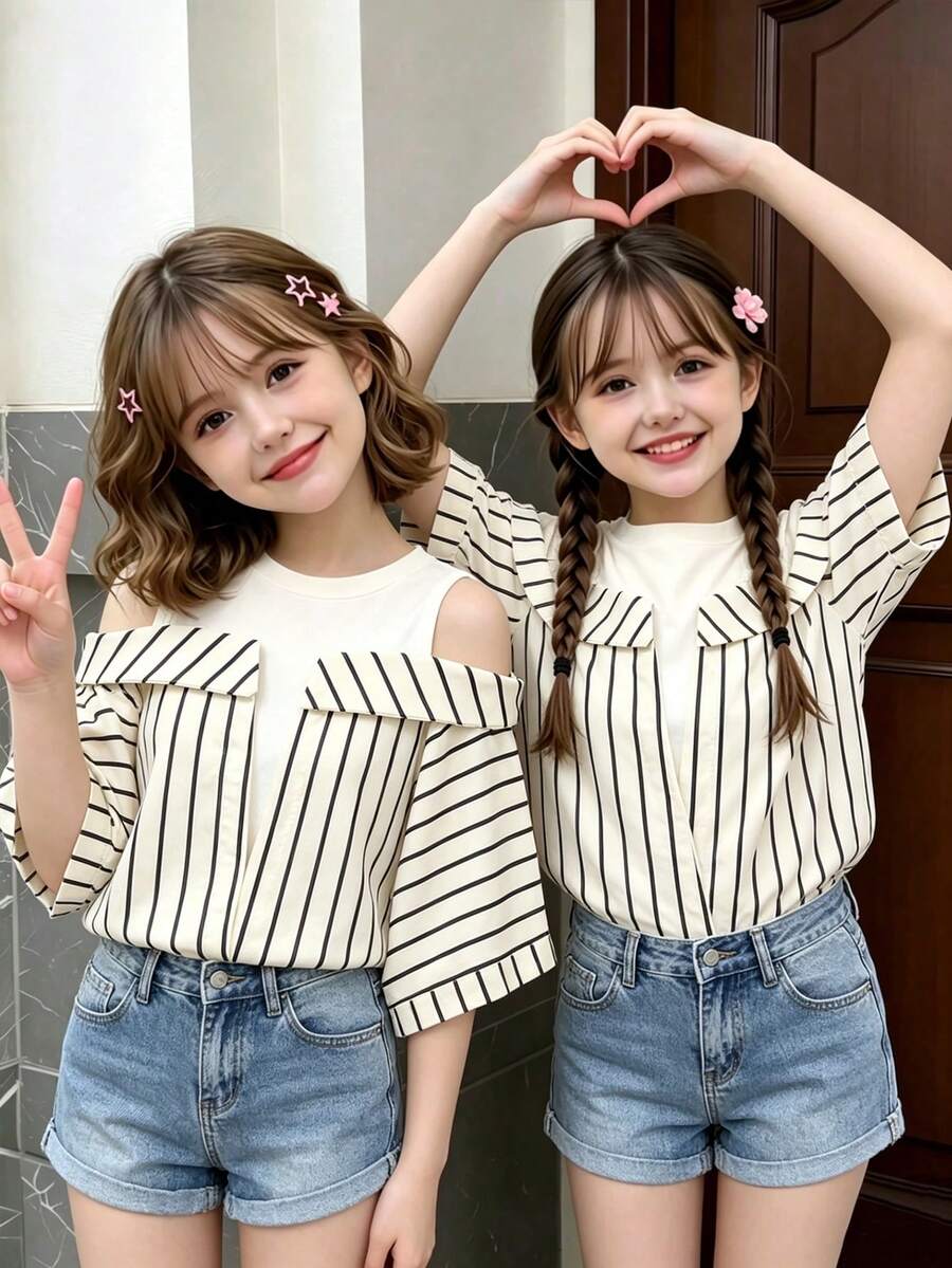 Elladie kids Children's Summer Striped Off-Shoulder Set,White Sweet Short Cardigan&Sleeveless Top For School,Back-To-School Fashionable Layered Outing Set