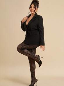 SHEIN BAE CURVE Plus Size Black Semi-Sheer Flocked Mesh Stirrup Leggings,Rose Pattern Tights For Women,Elegant Floral Design Pantyhose,Autumn Classy Rave See-Tights - Black - View 3