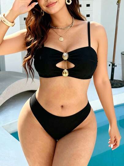 Swim Lushoire 2026 New Plus Size Solid Color Adjustable & Detachable Strap Hollow Out Sexy Fashionable Swimsuit Top For Beach Vacation