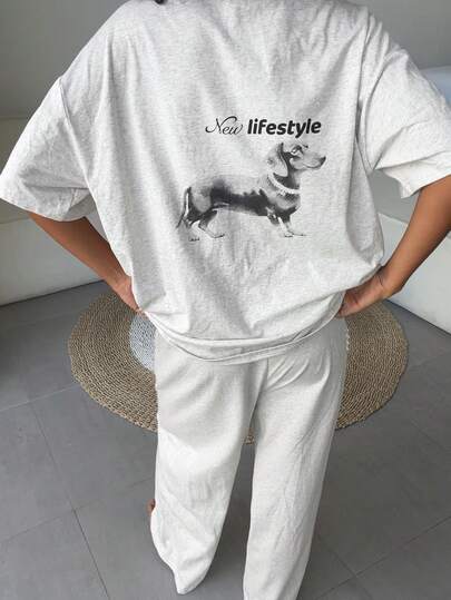 Livesso Damen Dackel Buchstaben Muster Loose Fit Pyjama Set, Drop-Shoulder Top und Hose, geeignet für Frühling, Sommer und Herbst