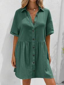 SHEIN VCAY Plus Size Blouse Collar Batwing Sleeve Patchwork Dress Green Summer Women Button Up Short Cotton Casual - Olive Green - View 5