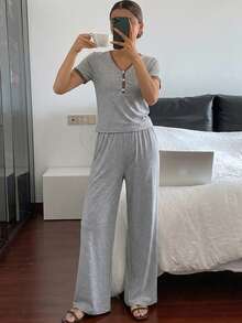 DAZY Bộ đồ ngủ ngắn tay và quần dành cho nữ - Xám - Xem 5