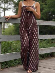 EMERY ROSE Plus Size Colorblock Polka Dot Print Jumpsuit With Real Pockets, Loose Straight Leg Casual Jumpsuit For Home & Outdoor Wear - Brown - View 6