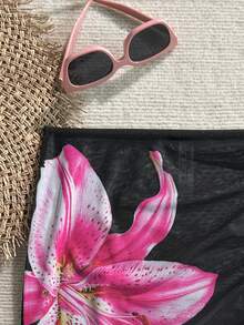 Swim Vcay 2025 Women's Summer Vacation Beach Floral Print Coverup & Skirt Set, Random Print - Black - View 3