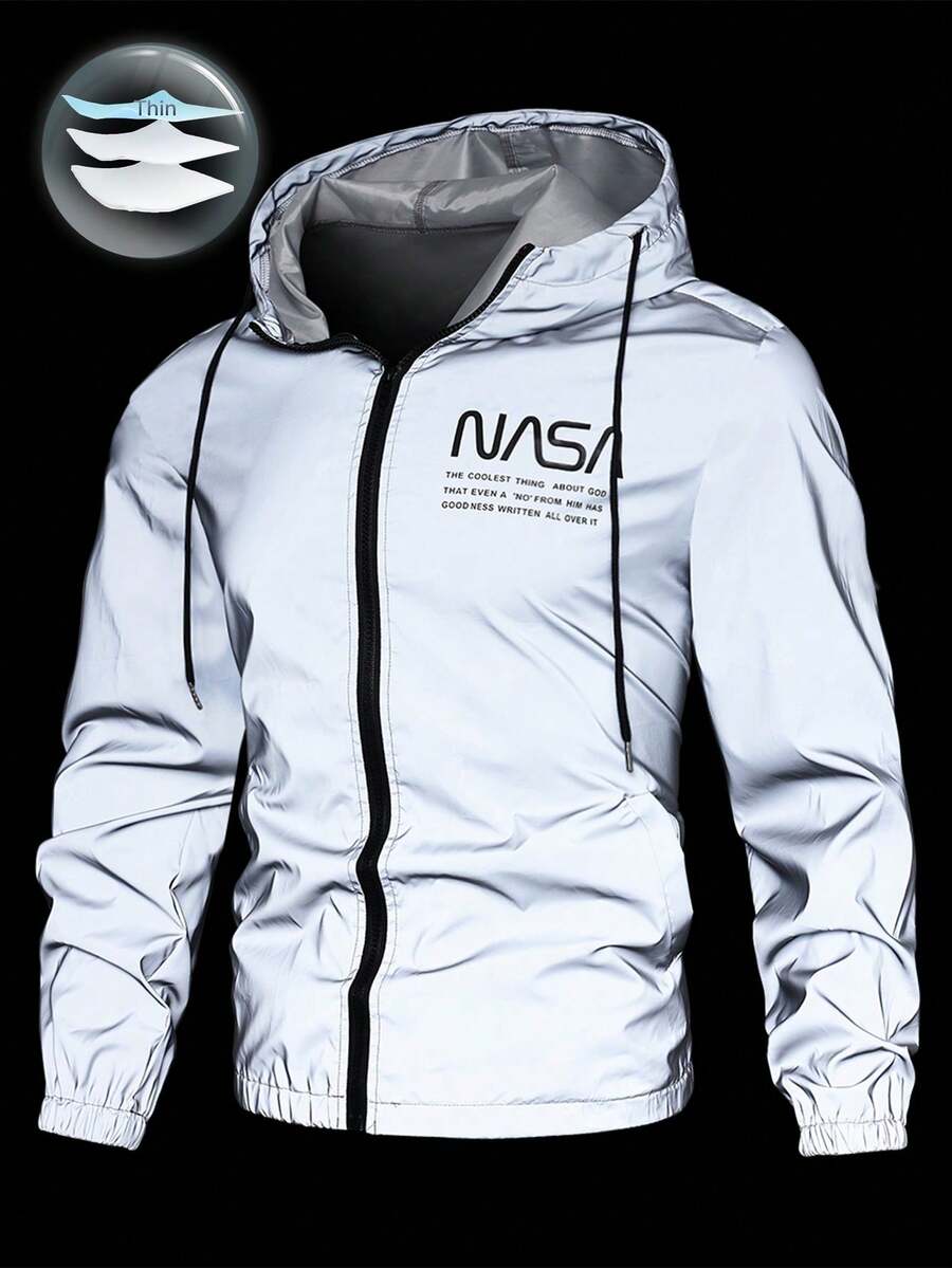 Manfinity Roughcore Loose Fit Men's Long Sleeve Slogan Graphic Reflective Windbreaker Jacket, Fall - Grey - View 1