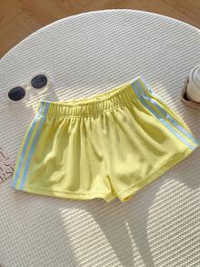 Comfortcana Women's Summer Casual Sports Everyday Commute Waffle Fabric Yellow Contrast Blue Stripe Side Loose Shorts - Yellow - View 6