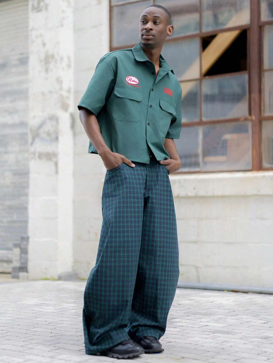 BelSigned BelSigned Men's Fashionable Commuter Plaid Curved Leg Pants - Dark Green - View 1