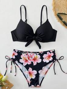 2件組 Swim Lushoire 成熟時尚性感泳裝套裝，純色繫帶泳裝上衣搭配植物印花短褲，夏季海灘度假適用 - 黑色 - 查看 3