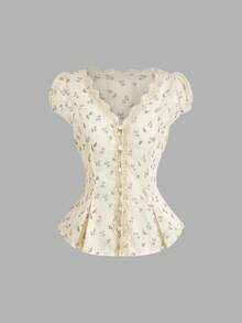 Sweetra Plus Size Women Ditsy Floral Contrast Lace Cap Sleeve Single-Breasted Shirt - Beige - View 1