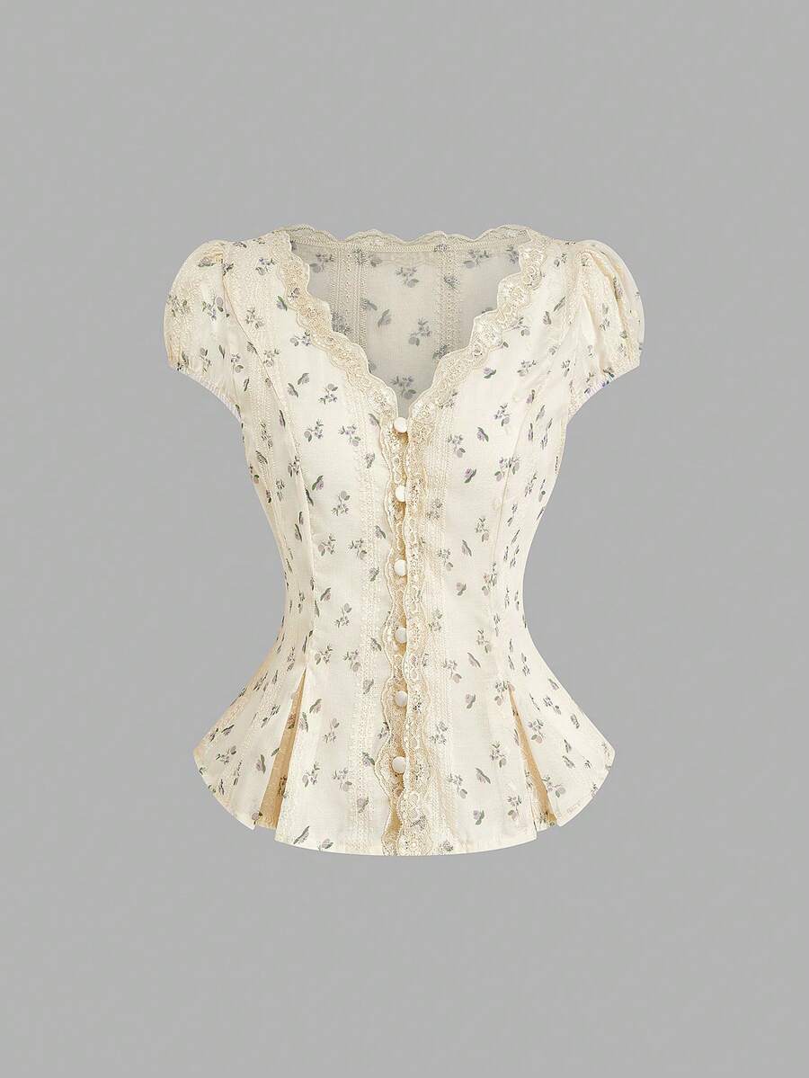 Sweetra Plus Size Women Ditsy Floral Contrast Lace Cap Sleeve Single-Breasted Shirt - Beige - View 1