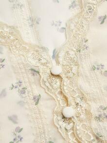 Sweetra Plus Size Women Ditsy Floral Contrast Lace Cap Sleeve Single-Breasted Shirt - Beige - View 8