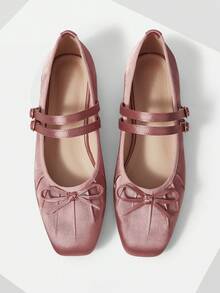 MOTF WOMEN'S ELEGANT MINIMALIST COMMUTING SOLID COLOR BOW DECOR DOUBLE BUCKLE STRAPS BALLET FLATS SHOES FOR CHRISTMAS VALENTINE'S DAY SPRING SHOES - Light powder - View 1