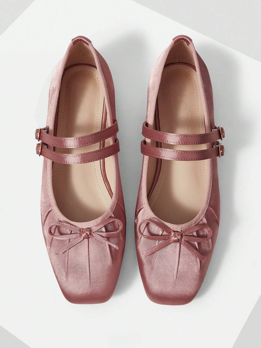 MOTF WOMEN'S ELEGANT MINIMALIST COMMUTING SOLID COLOR BOW DECOR DOUBLE BUCKLE STRAPS BALLET FLATS SHOES FOR CHRISTMAS VALENTINE'S DAY SPRING SHOES - Light powder - View 1
