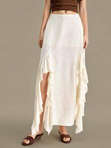 Ontre 2026SS Nuova estate Gonna ampia tinta unita bianca/beige da donna, minimalista ed elegante, stile urbano chic, con volant e vita elastica a pieghe, adatta per uscite, vacanze, feste, matrimoni, ufficio, scuola, gonna versatile di moda - Bianco - Visualizzare 4