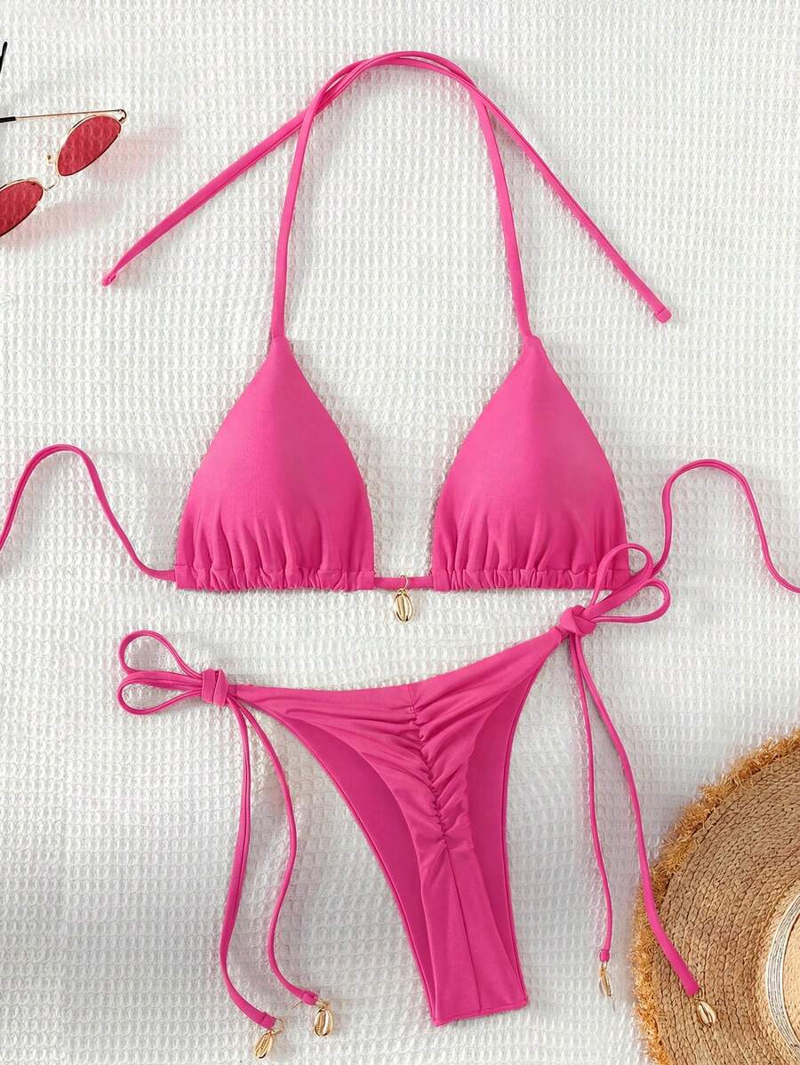 Swim Basics Conjunto de bikini de unicolor para vacaciones en la playa - Rosa - Ver 1