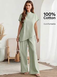 Easowa Bộ đồ nữ 2 mảnh màu mơ, chất liệu 100% cotton, dáng rộng, gồm áo sơ mi cổ đứng tay ngắn cánh dơi vạt bất đối xứng và quần dài, kiểu dáng thanh lịch, phù hợp cho công sở, đi làm và mặc thường ngày, thích hợp cho mùa xuân/hè. - màu xanh lá - Xem 2