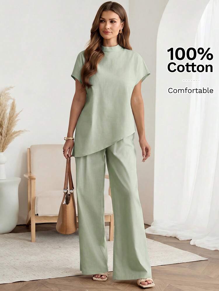 Easowa Bộ đồ nữ 2 mảnh màu mơ, chất liệu 100% cotton, dáng rộng, gồm áo sơ mi cổ đứng tay ngắn cánh dơi vạt bất đối xứng và quần dài, kiểu dáng thanh lịch, phù hợp cho công sở, đi làm và mặc thường ngày, thích hợp cho mùa xuân/hè. - màu xanh lá - Xem 2
