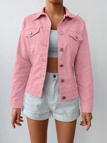 SHEIN Cottnline 98%Cotton Flap Pocket Button Front Denim Jacket - Baby Pink - View 4