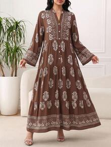 Plus Size Cream Flower Embroidered Striped Pattern Women's Dress All-Over Floral Print Striped Bohemian Embroidered Belt Ruffles - Brown - View 4