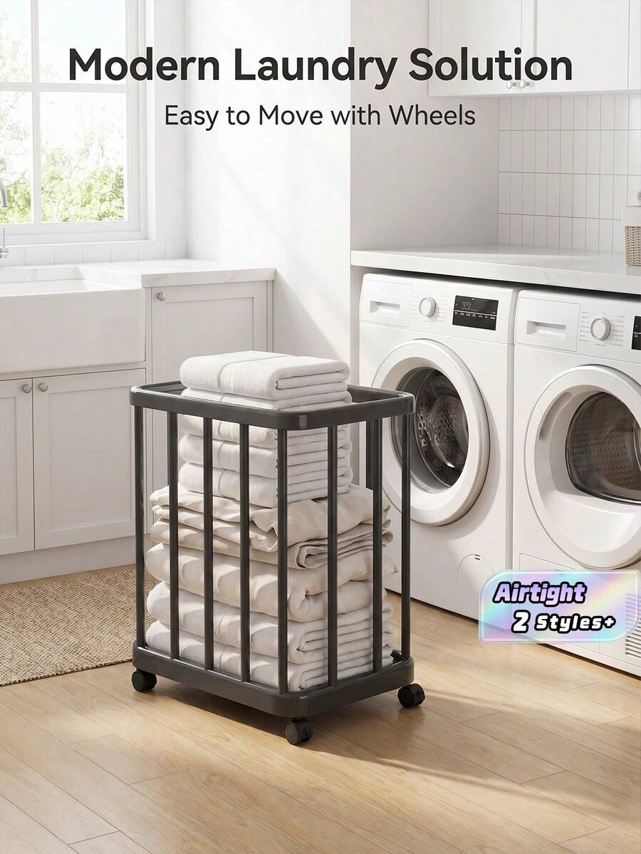1pc High-End Movable Laundry Basket With Yoga Mat Storage, Large Capacity Dirty Clothes Hamper With Wheels For Bathroom, Multipurpose Storage Basket - Multicolor - View 1