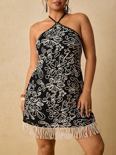 Travachic Women's Halter Tie-Up Backless Jacquard Embroidered Tassel Knit Crop Top, Elegant For Daily Wear, Vacation, Beach, Spring/Summer, Plus Size, Black, Apricot, Black & White Dresses For Women Summer Outfits For Women Vacation Outfits Women Summer Dresses For Women Holiday Outfits For Women Beach Outfits For Women Women's Cruise Outfit