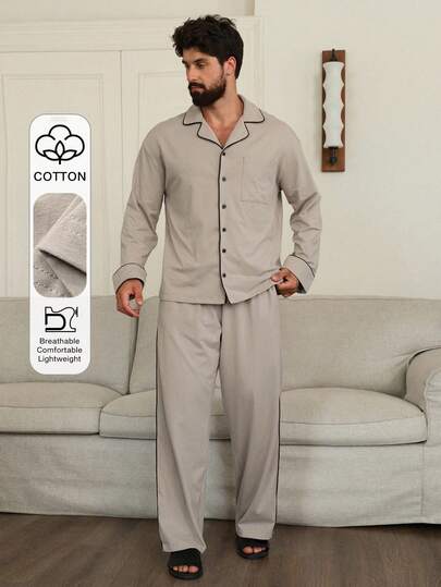 DAZY Grey Shirt Paired With Men's Loungewear Set, Autumn, Fall Winter Clothes Pajama