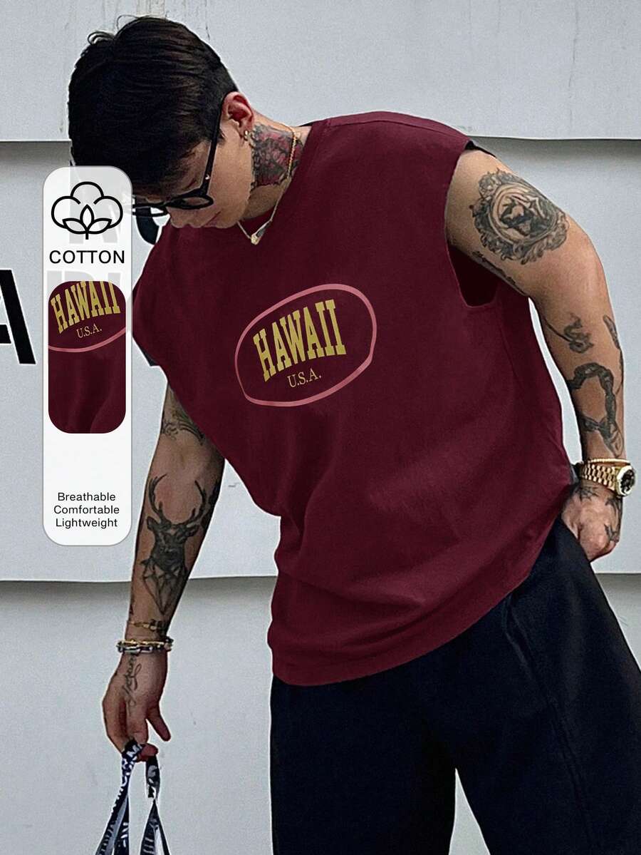 DAZY 男士夏季字母印花圓領休閒寬鬆背心圖案T恤 - 酒紅色 - 查看 1