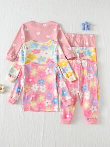 Cozy Pixies 女婴睡衣两件套，春夏四季针织睡衣裙，短袖，粉色、白色蝴蝶结爱心印花，可爱风格，舒适家居服，适合宝宝穿着 - 彩色 - 查看 2
