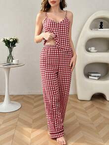 SHEIN Women V-Neck Plaid Camisole And Pants Pajama Set - Red - View 4