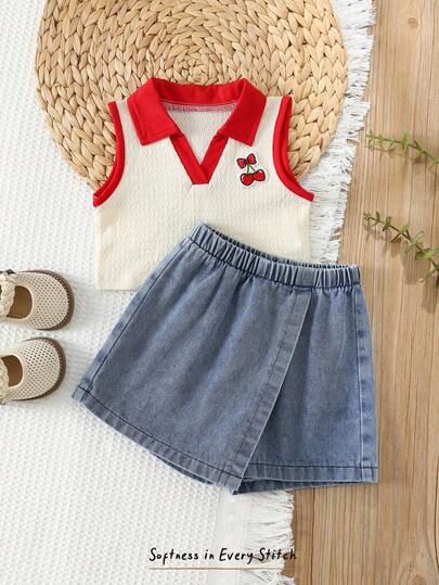 Cozy Pixies Bộ áo polo không tay thêu hình quả anh đào dễ thương và quần váy vạt lệch cho bé gái, bộ quần áo 2 mảnh gồm áo polo và quần váy in hình quả anh đào, bộ quần áo 2 mảnh gồm quần váy denim.