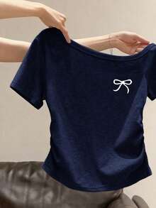 SHEIN Tween Girls Bowknot Print Asymmetrical Shoulder Short Sleeve Top, Navy Blue And White, Summer, Cute, Back-To-School, Casual Comfortable For Picnic - Grey - View 3