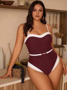 Swim Chiccia Plus Size Women's Black & White Patchwork Bandeau One-Piece Swimsuit With Detachable Straps, Elegant Minimalist - Burgundy - View 5