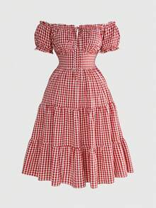 Sweetness Plus Size Women's Gingham Print Off-Shoulder Petal Sleeve Casual 1920s 1950s Vintage 90s Dress, Summer Oktoberfest Vacation Red And White - Red - View 6