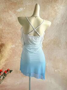 Soleia Women's Gradient Rhinestone Floral Ruffle Mini Dress,Summer Tropical Holiday Vacation,White And Blue Floral Boho Party Beach Set Dresses For Women - Baby Blue - View 10